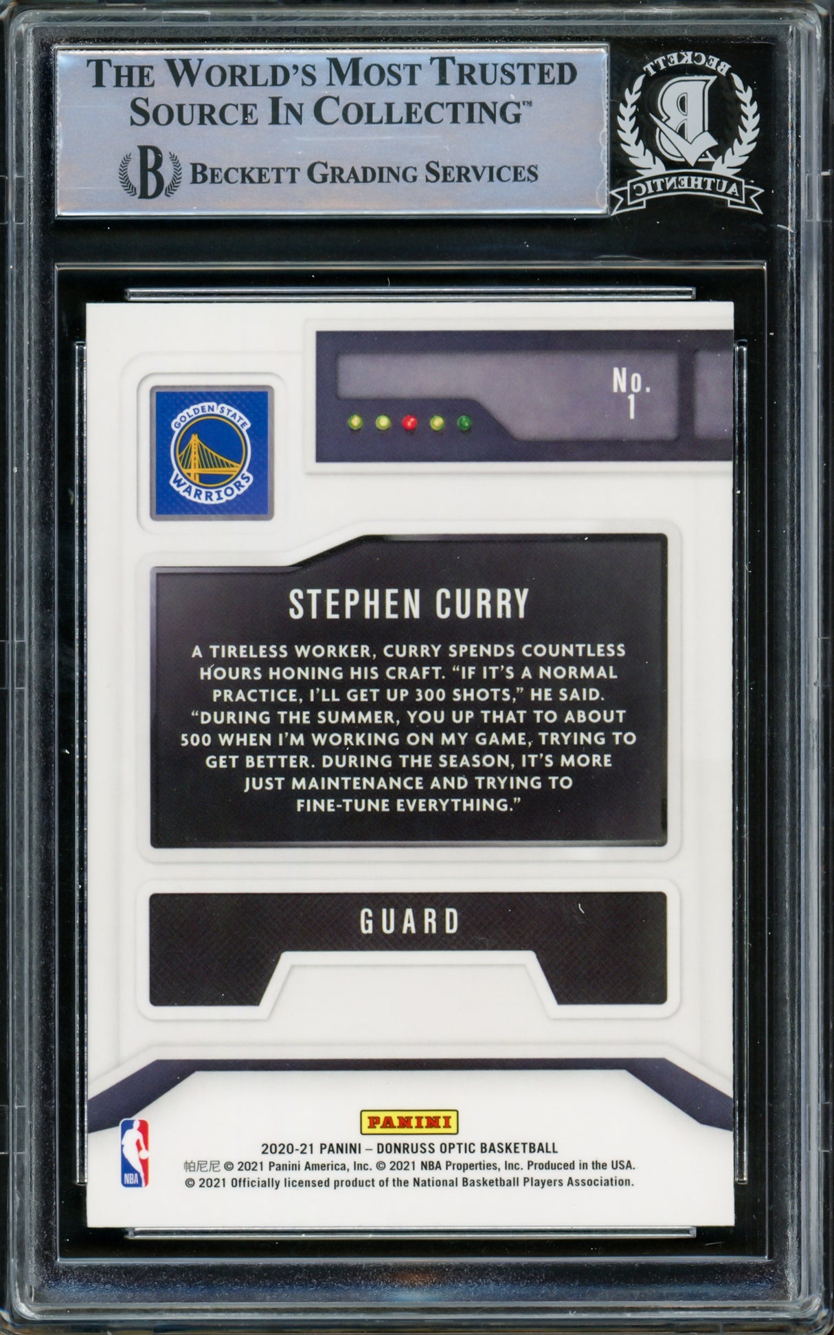 Stephen Curry Autographed 2020-21 Donruss Optic Card #1 Golden State Warriors Beckett BAS #15779556
