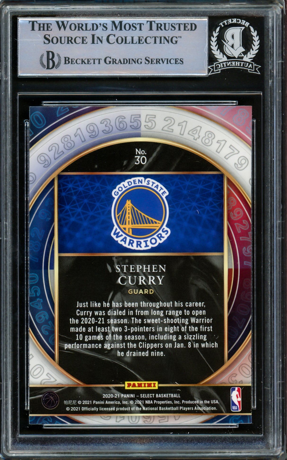 Stephen Curry Autographed 2020-21 Panini Select Numbers Card #30 Golden State Warriors Beckett BAS #15779647