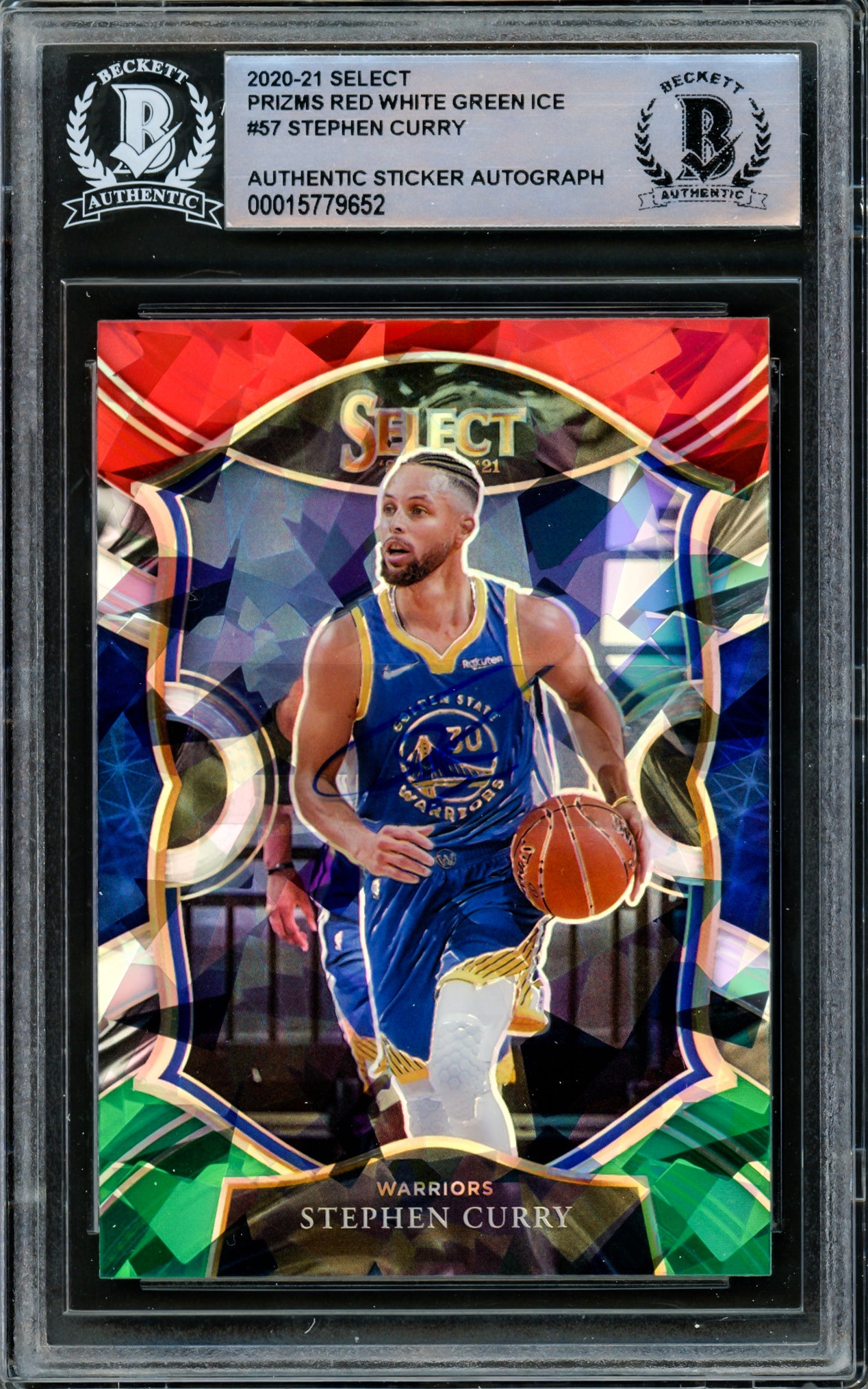 Stephen Curry Autographed 2020-21 Panini Select Red White & Green Ice Prizm Card #57 Golden State Warriors Beckett BAS #15779652
