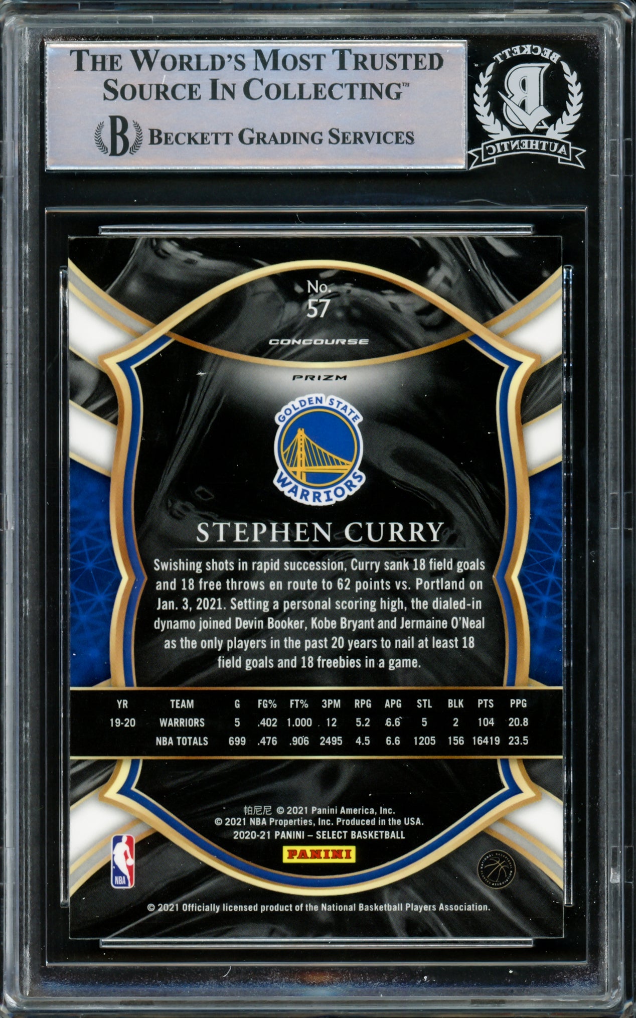 Stephen Curry Autographed 2020-21 Panini Select Red White & Green Ice Prizm Card #57 Golden State Warriors Beckett BAS #15779652