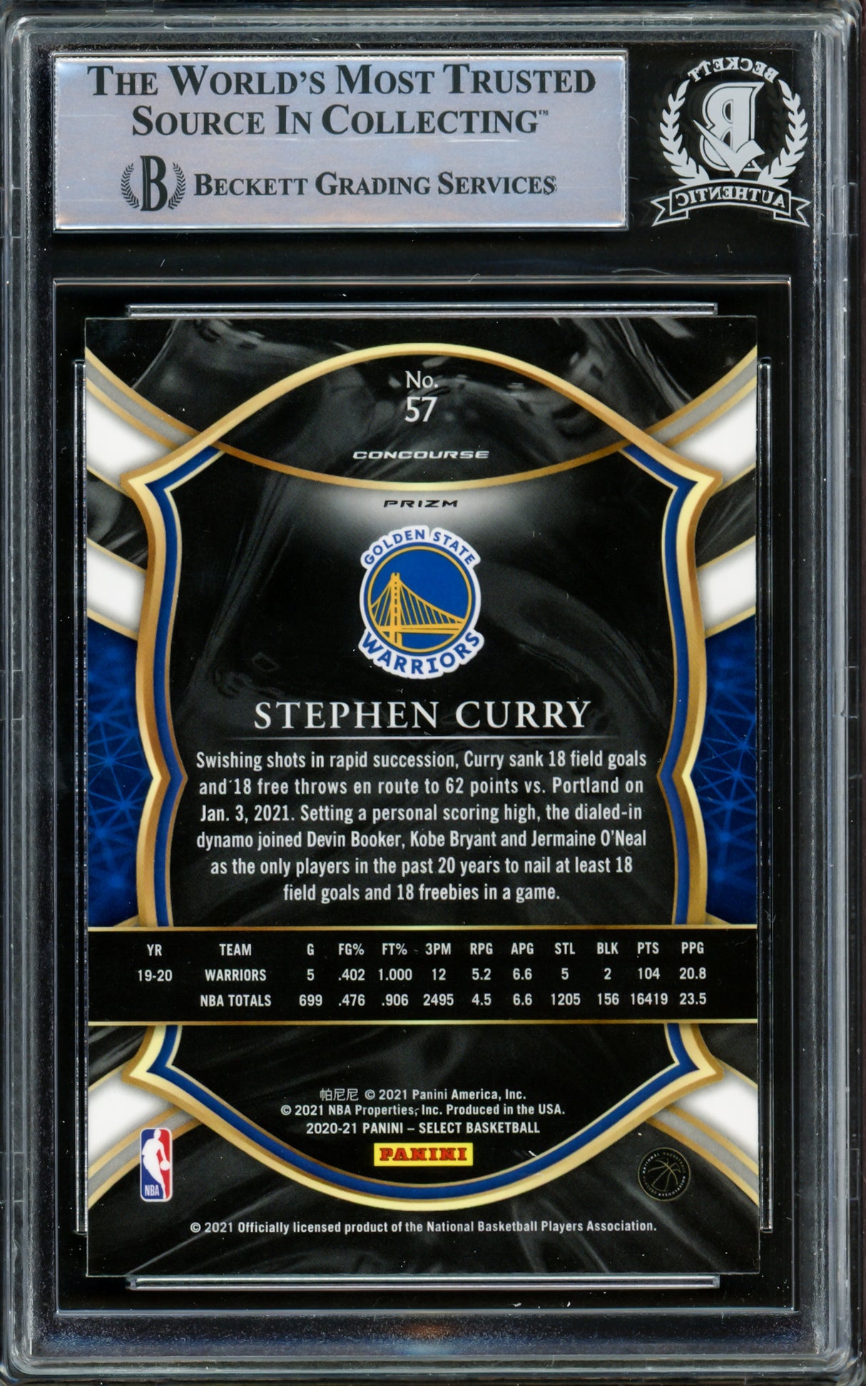 Stephen Curry Autographed 2020-21 Panini Select Red White & Green Ice Prizm Card #57 Golden State Warriors Beckett BAS #15779653