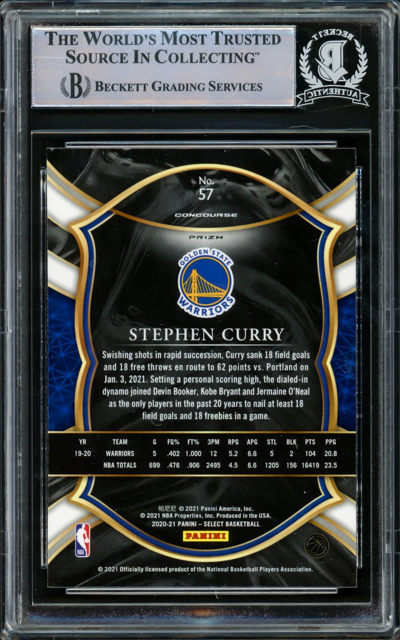 Stephen Curry Autographed 2020-21 Panini Select Green White & Purple Prizm Card #57 Golden State Warriors Beckett BAS #15779654