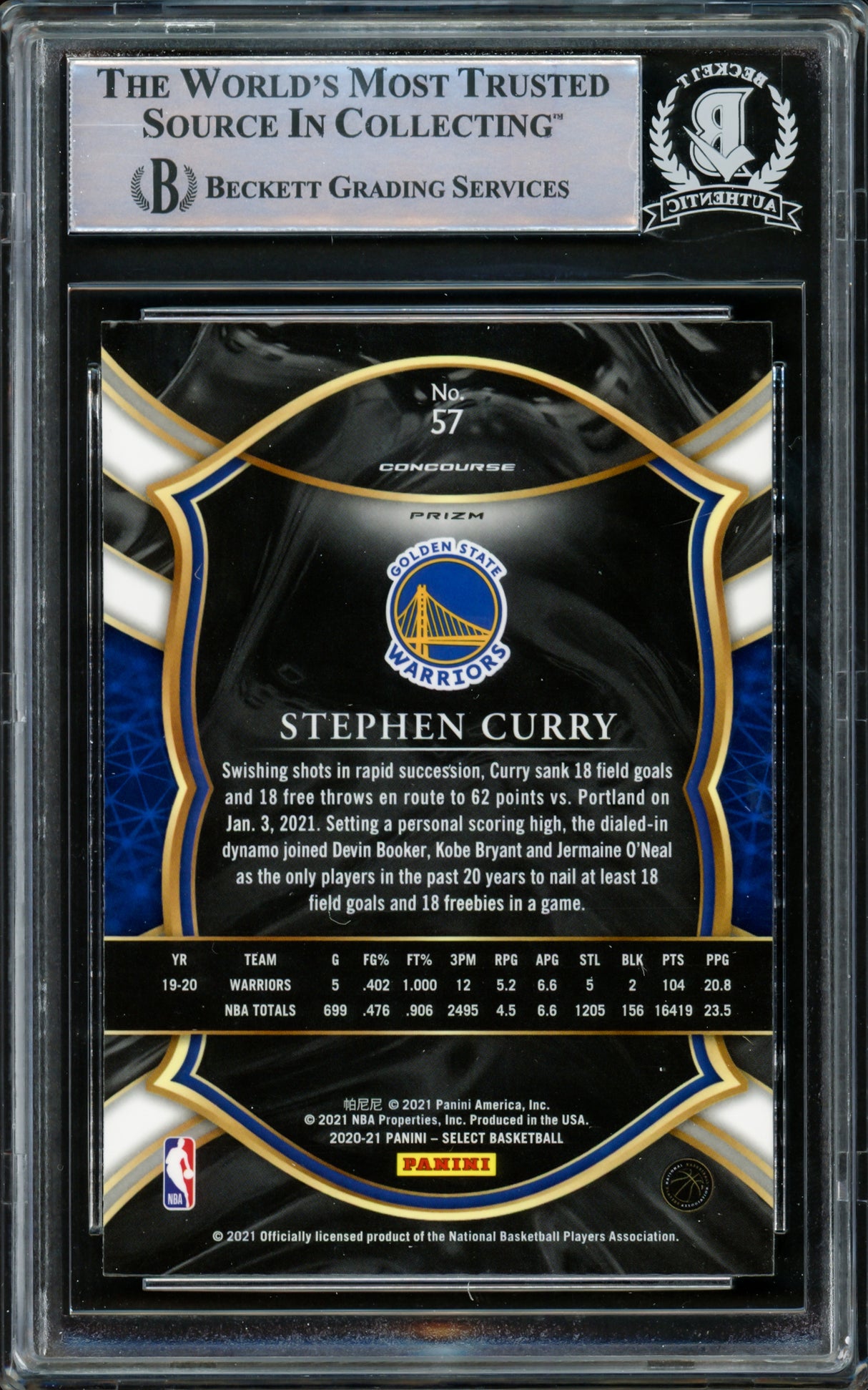 Stephen Curry Autographed 2020-21 Panini Select Green White & Purple Prizm Card #57 Golden State Warriors Beckett BAS #15779654