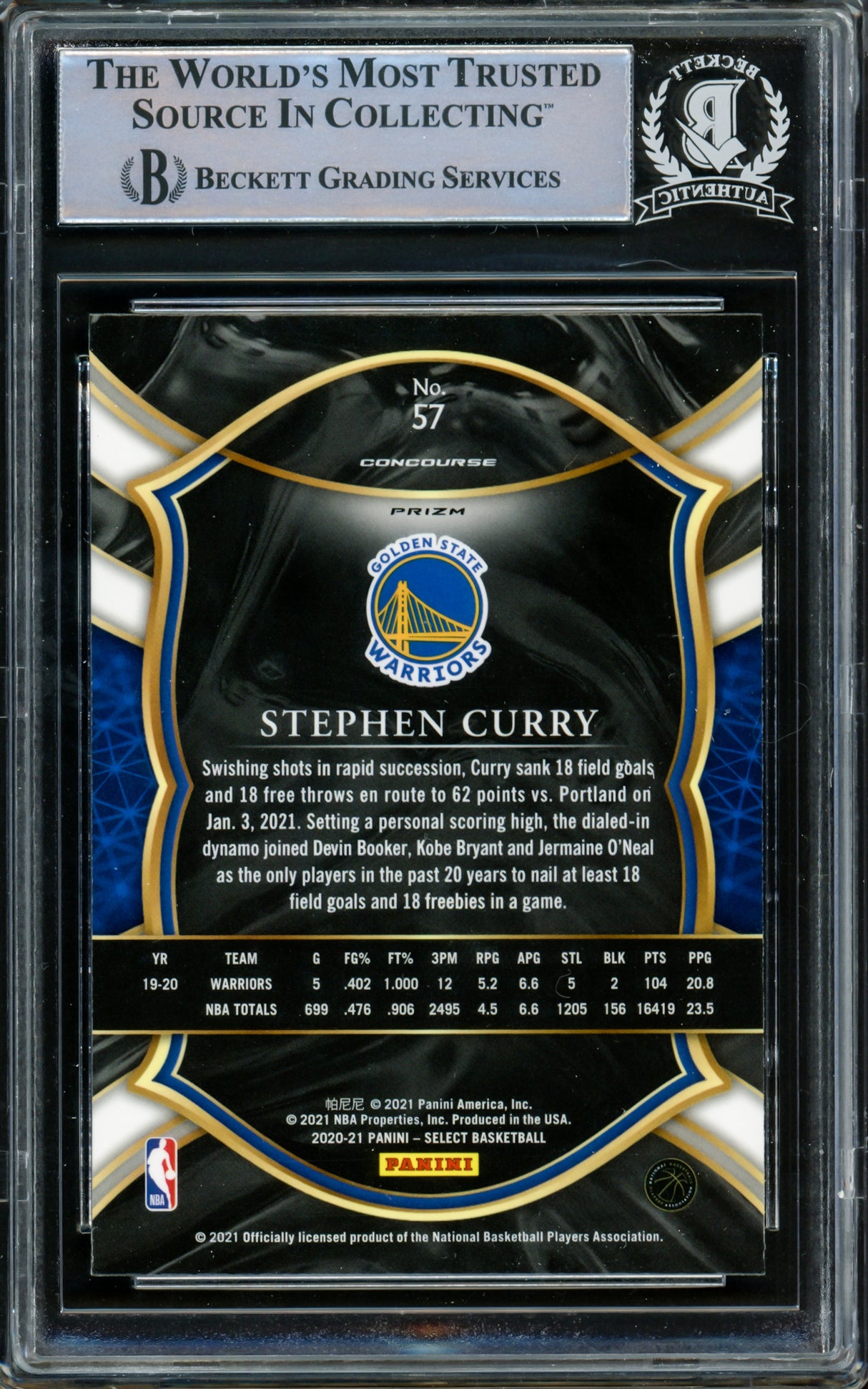 Stephen Curry Autographed 2020-21 Panini Select Green White & Purple Prizm Card #57 Golden State Warriors Beckett BAS #15779655