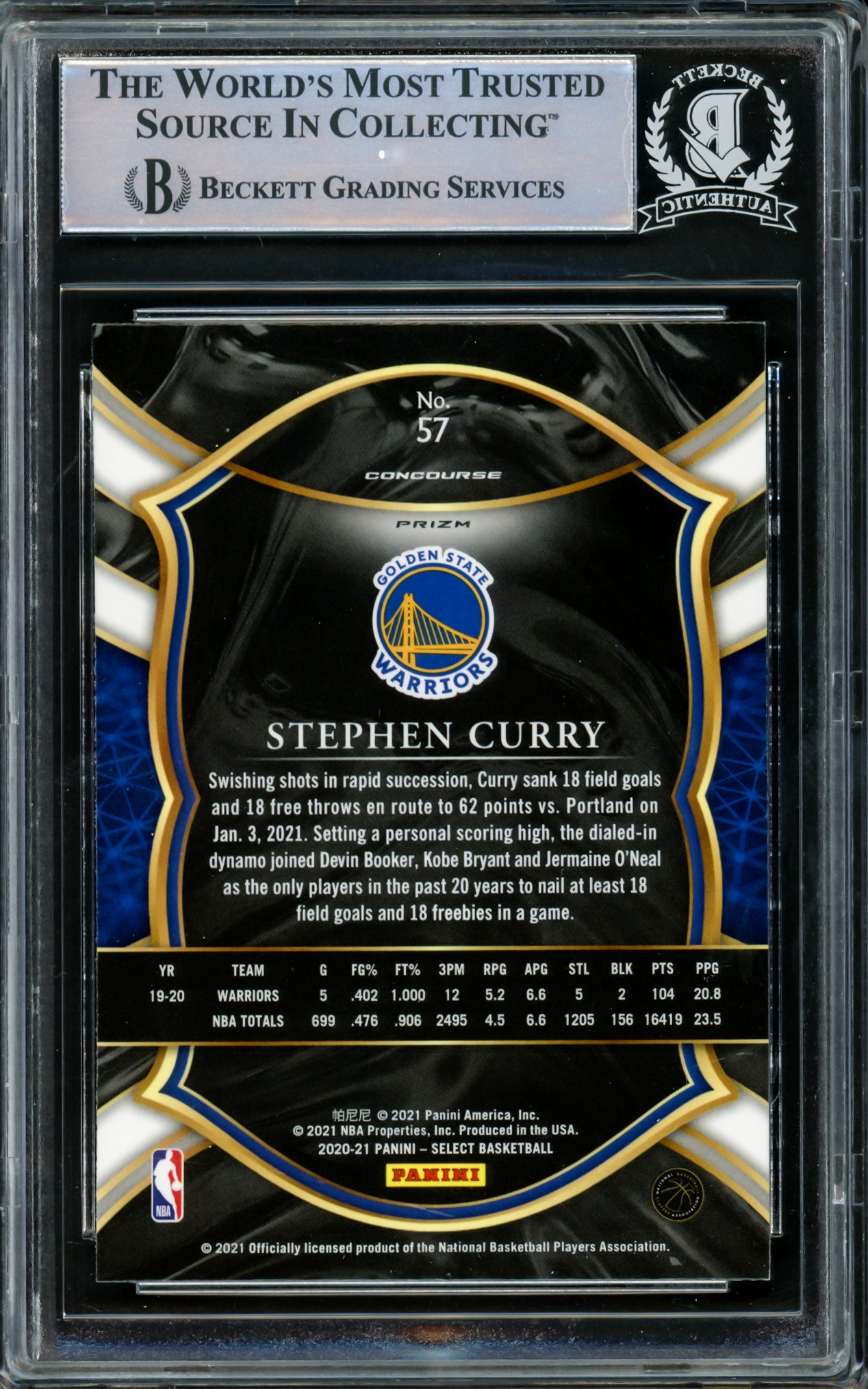 Stephen Curry Autographed 2020-21 Panini Select Blue Prizm Card #57 Golden State Warriors Beckett BAS #15779656