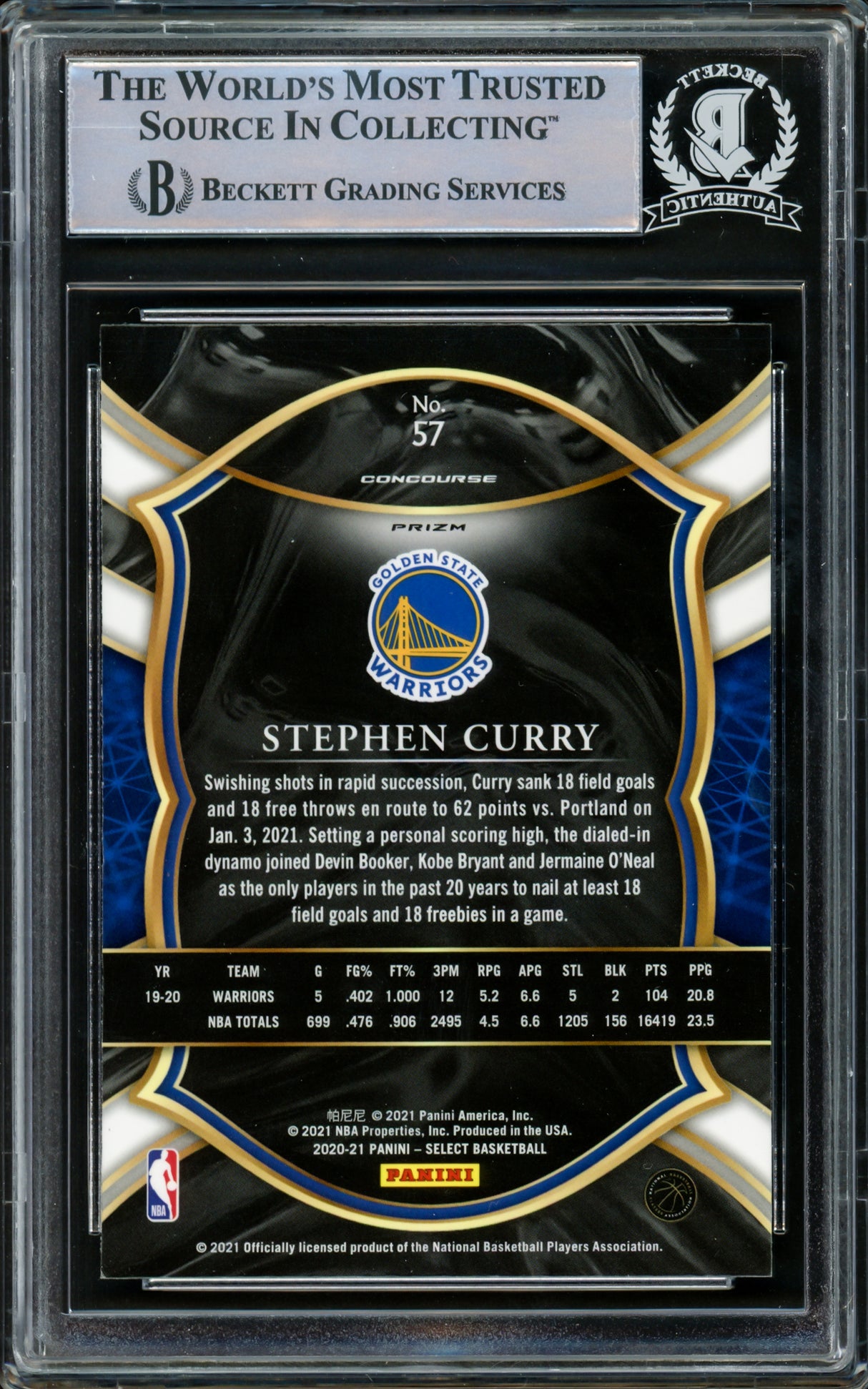 Stephen Curry Autographed 2020-21 Panini Select Silver Prizm Card #57 Golden State Warriors Beckett BAS #15779659
