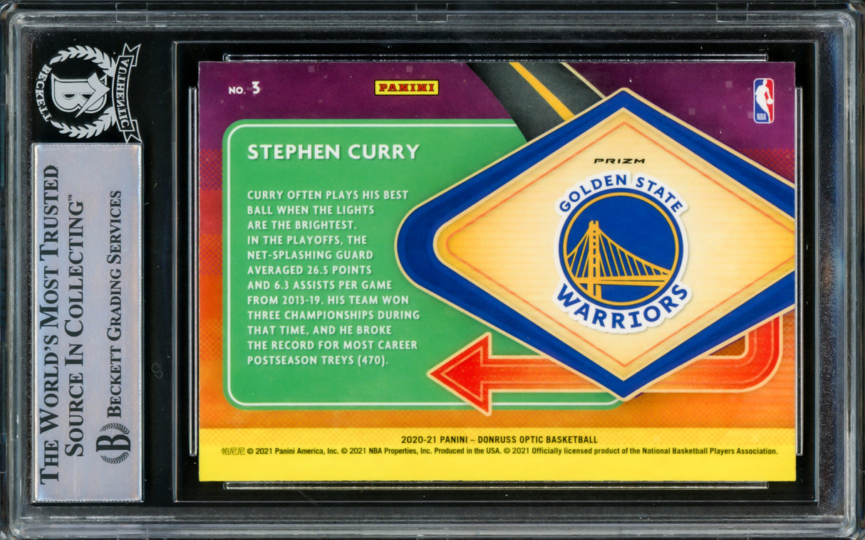Stephen Curry Autographed 2020-21 Donruss Optic Purple Prizm Express Lane Card #3 Golden State Warriors Beckett BAS #15779669