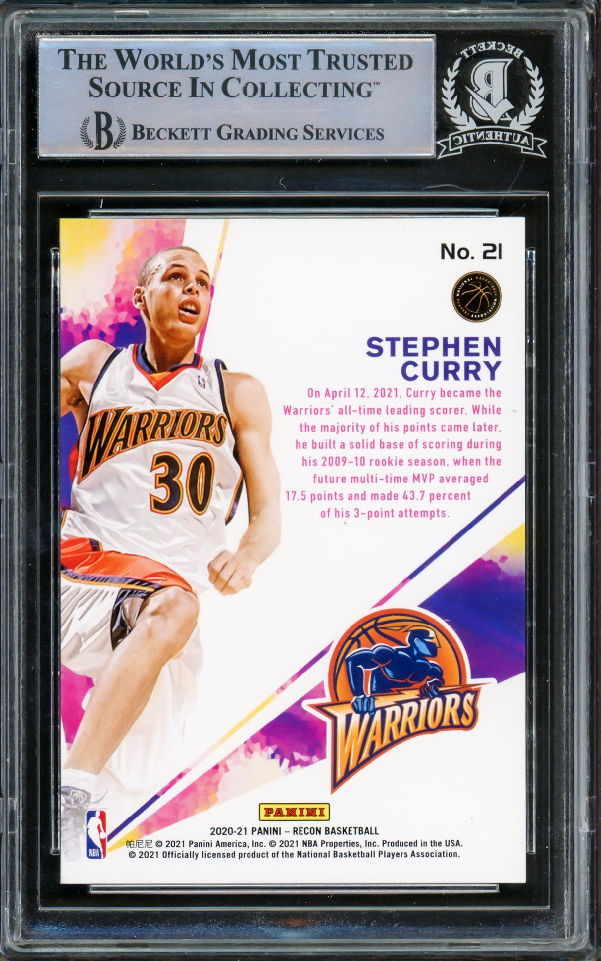 Stephen Curry Autographed 2020-21 Panini Recon Card #21 Golden State Warriors Beckett BAS #15779672