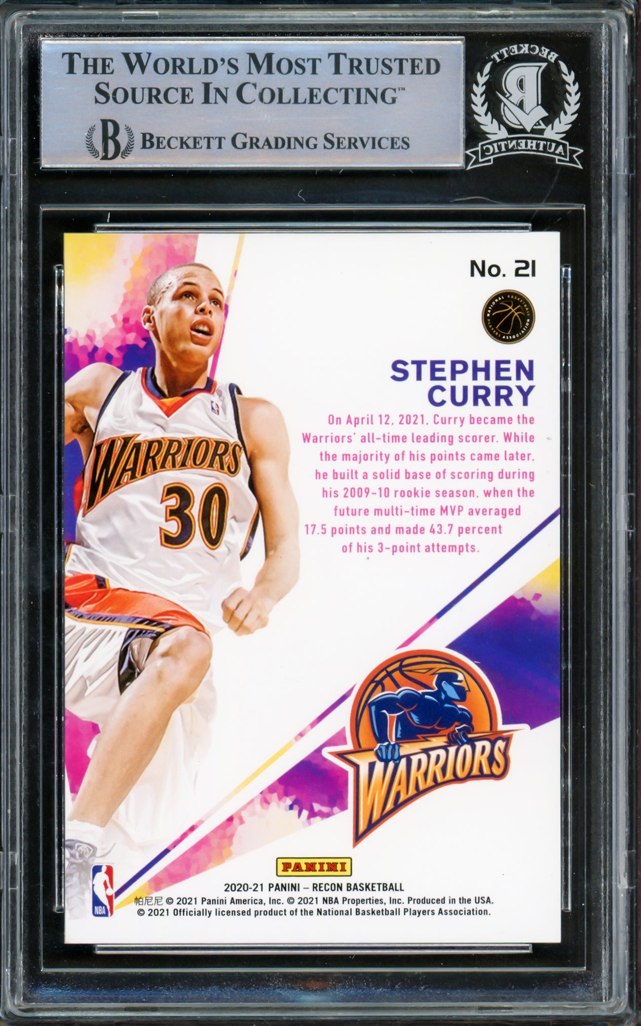 Stephen Curry Autographed 2020-21 Panini Recon Card #21 Golden State Warriors Beckett BAS #15779672