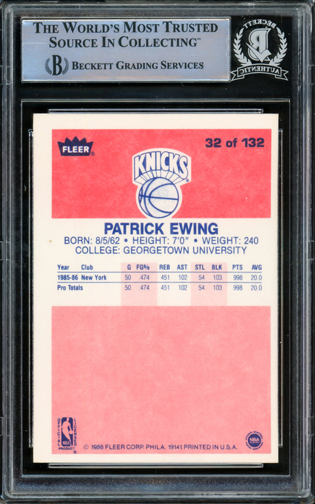 Patrick Ewing Autographed 1986-87 Fleer Rookie Card #32 New York Knicks Beckett BAS #15779711
