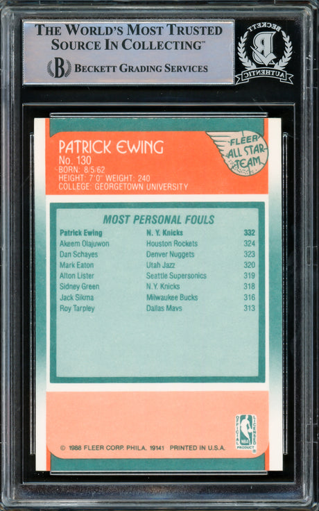 Patrick Ewing Autographed 1988-89 Fleer Card #130 New York Knicks Beckett BAS #15779712