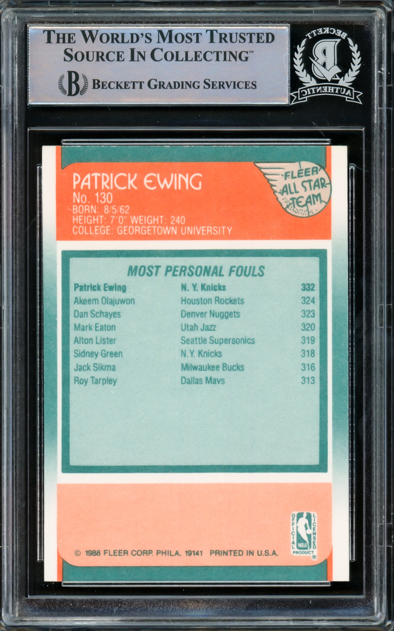 Patrick Ewing Autographed 1988-89 Fleer Card #130 New York Knicks Beckett BAS #15779712