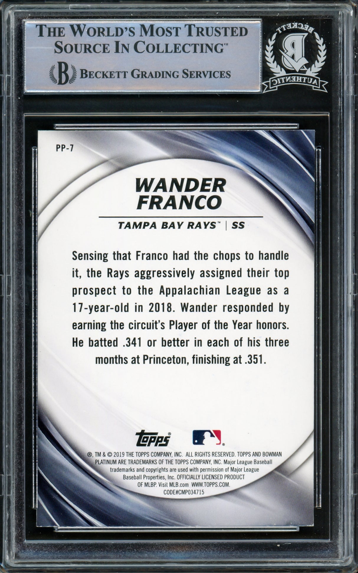 Wander Franco Autographed 2019 Bowman Platinum Presence Rookie Card #PP7 Tampa Bay Rays Beckett BAS #15780134
