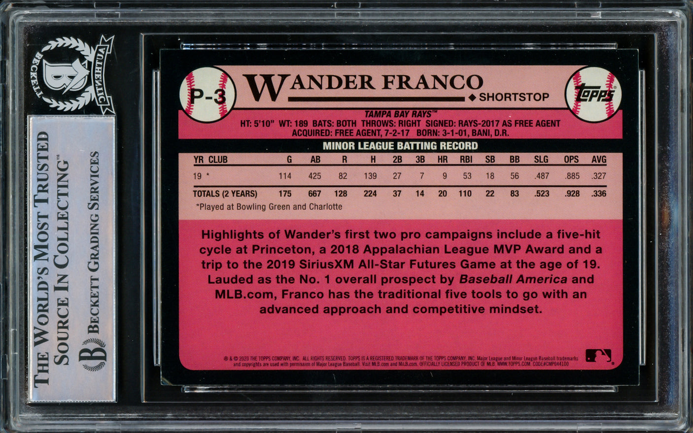 Wander Franco Autographed 2020 Topps Update Prospect Rookie Card #P-3 Tampa Bay Rays (Smudged) Beckett BAS #15780136