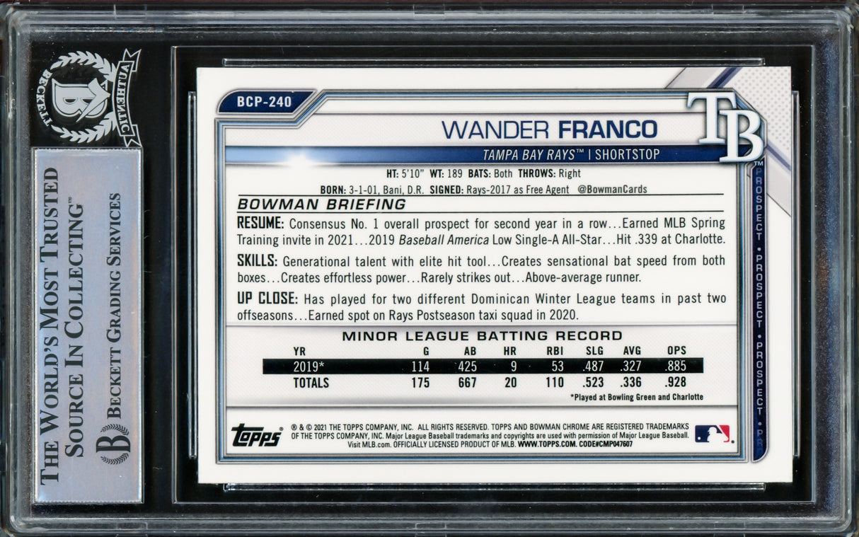 Wander Franco Autographed 2021 Bowman Chrome Rookie Card #BCP240 Tampa Bay Rays Beckett BAS #15780138