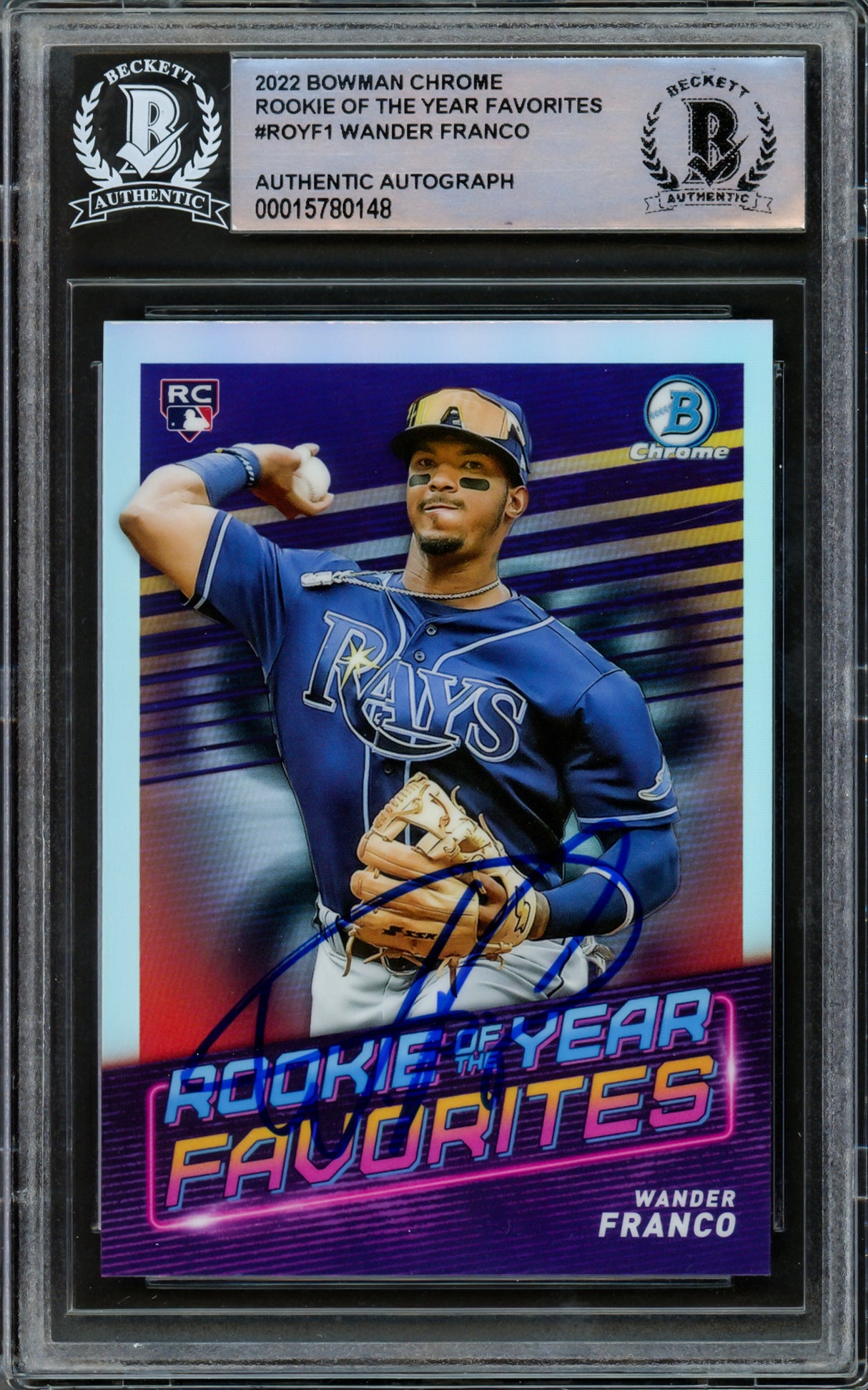 Wander Franco Autographed 2022 Bowman Chrome ROY Favorite Rookie Card #ROYF1 Tampa Bay Rays Beckett BAS #15780148