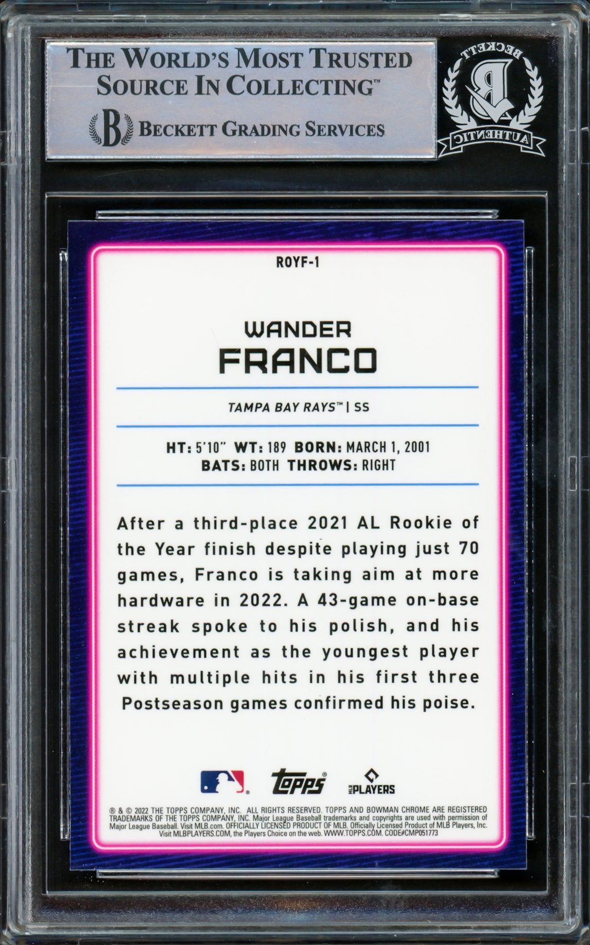 Wander Franco Autographed 2022 Bowman Chrome ROY Favorite Rookie Card #ROYF1 Tampa Bay Rays Beckett BAS #15780148