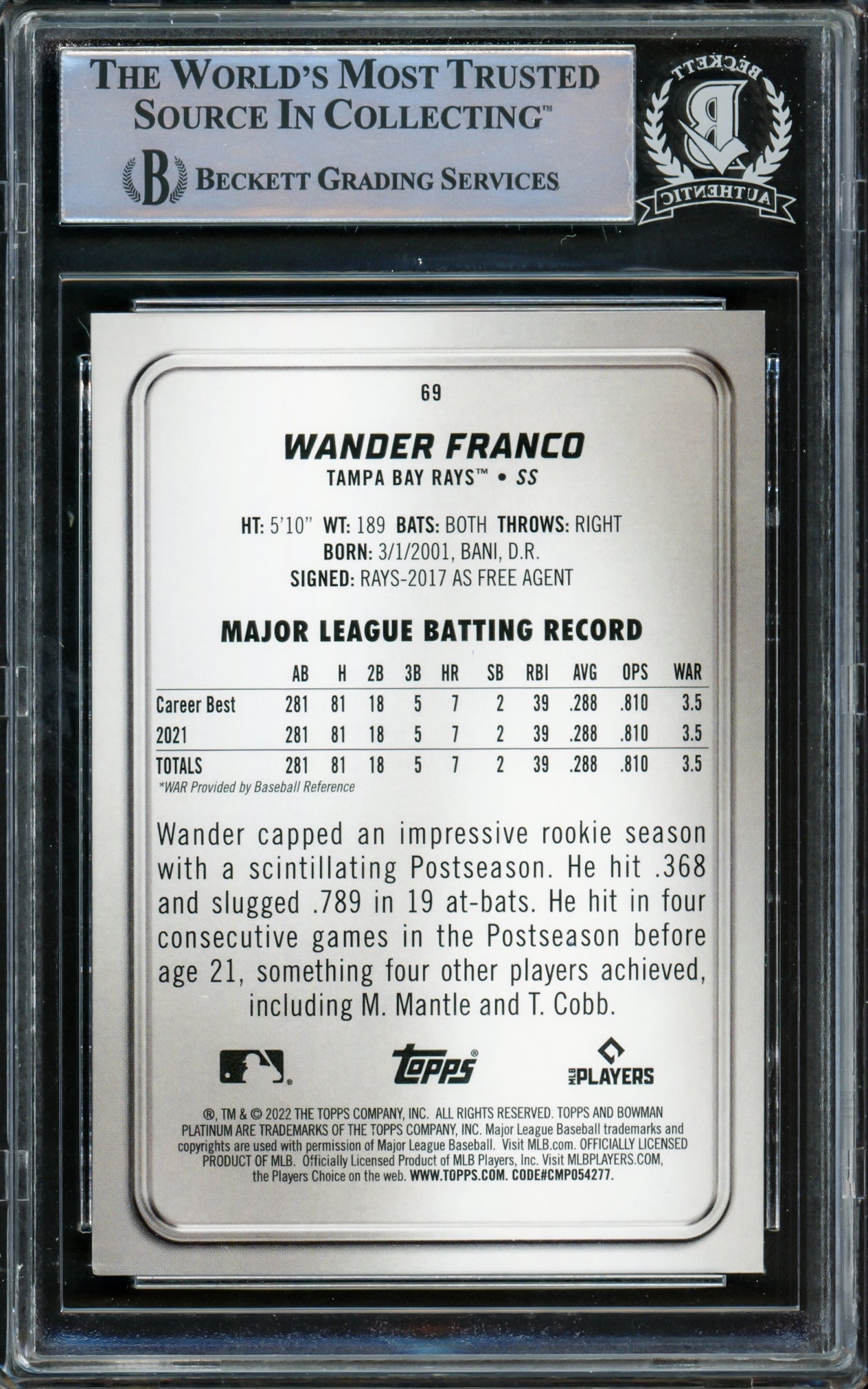Wander Franco Autographed 2022 Bowman Platinum Rookie Card #69 Tampa Bay Rays Beckett BAS #15780149