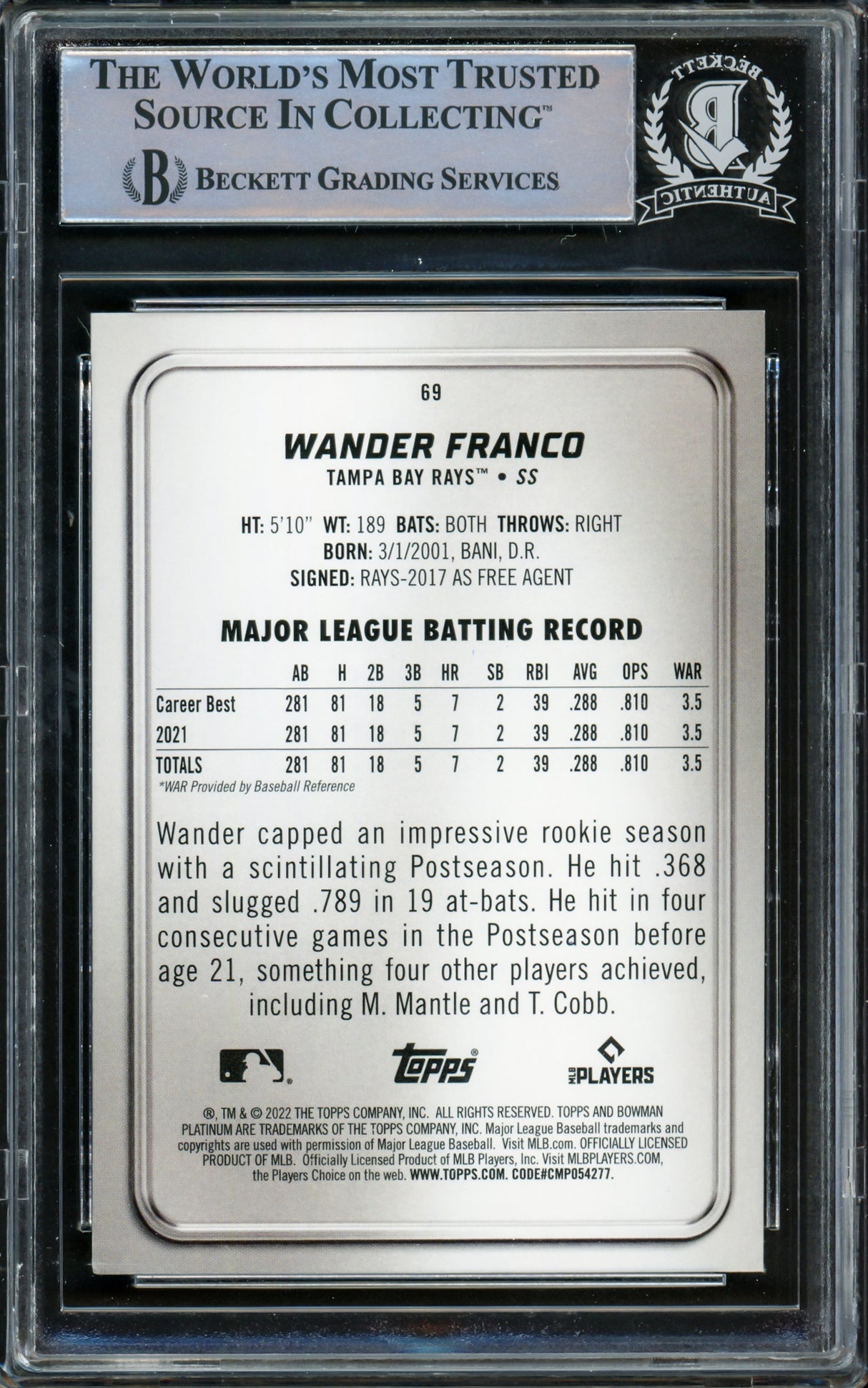 Wander Franco Autographed 2022 Bowman Platinum Rookie Card #69 Tampa Bay Rays Beckett BAS #15780149