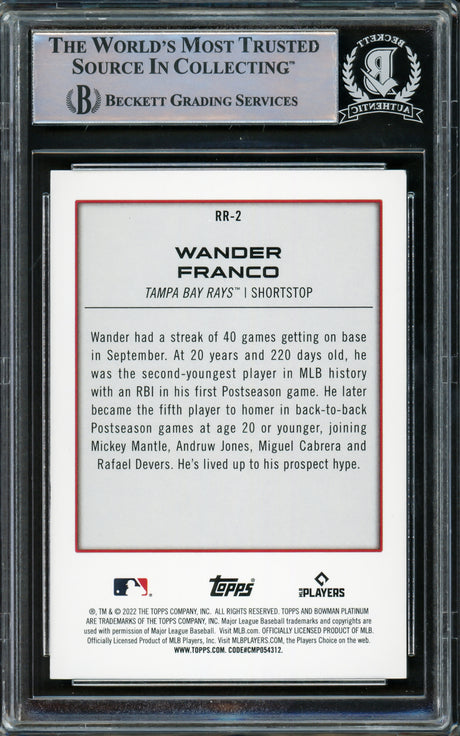 Wander Franco Autographed 2022 Bowman Platinum Rookie Card #RR-2 Tampa Bay Rays Beckett BAS #15780150