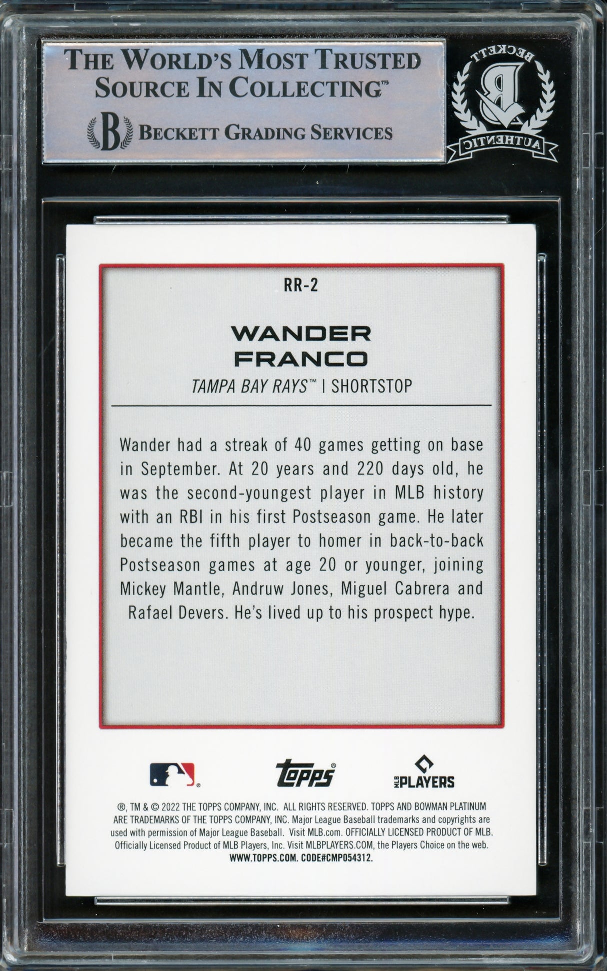 Wander Franco Autographed 2022 Bowman Platinum Rookie Card #RR-2 Tampa Bay Rays Beckett BAS #15780150