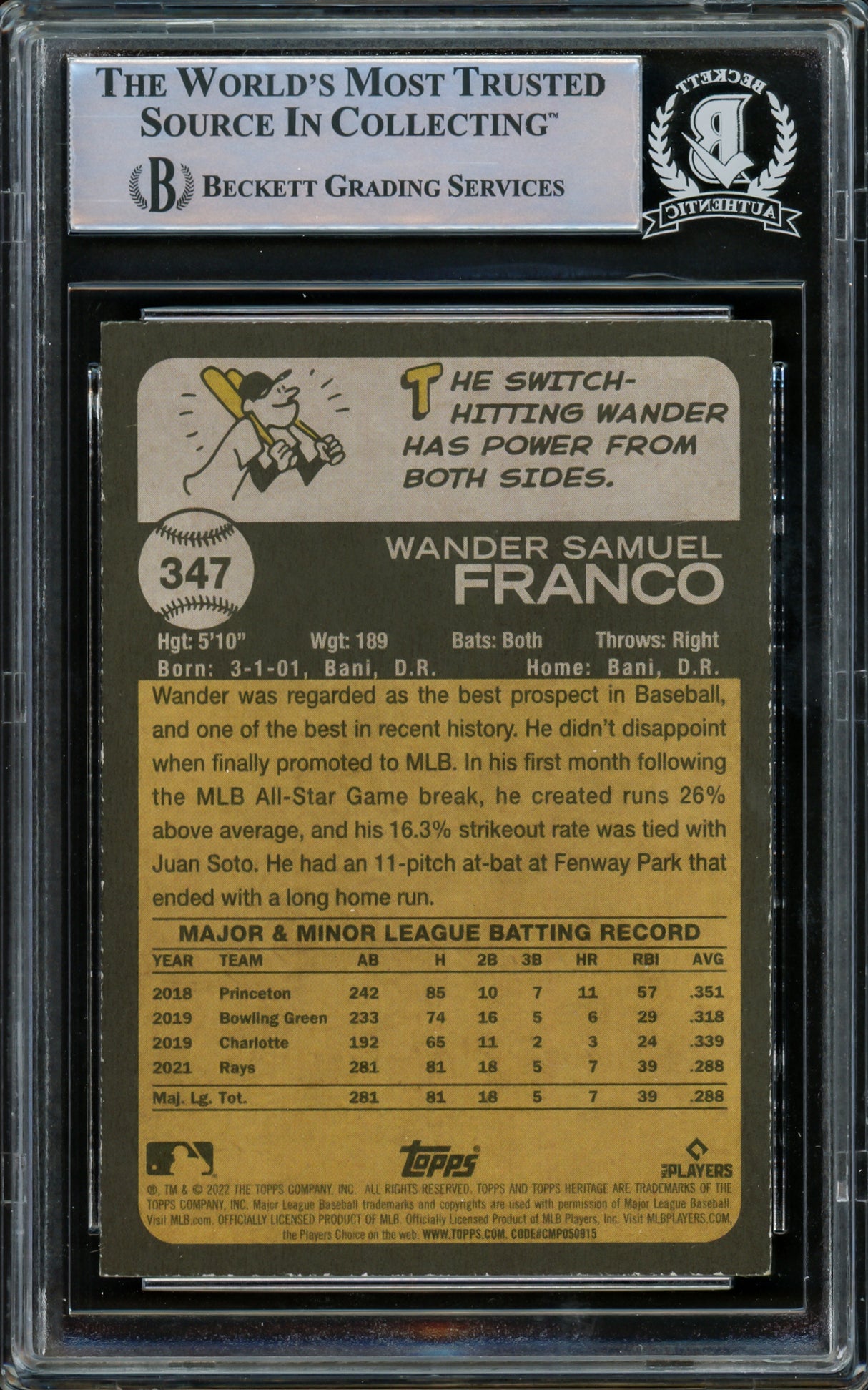 Wander Franco Autographed 2022 Topps Heritage Rookie Card #347 Tampa Bay Rays Beckett BAS #15780218