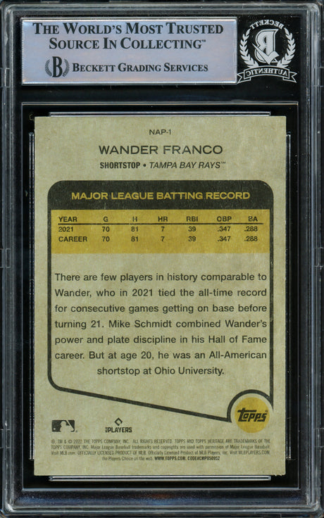 Wander Franco Autographed 2022 Topps Heritage New Age Performers Rookie Card #NAP1 Tampa Bay Rays (Light) Beckett BAS #15780223
