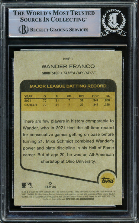 Wander Franco Autographed 2022 Topps Heritage New Age Performers Rookie Card #NAP1 Tampa Bay Rays (Light) Beckett BAS #15780219