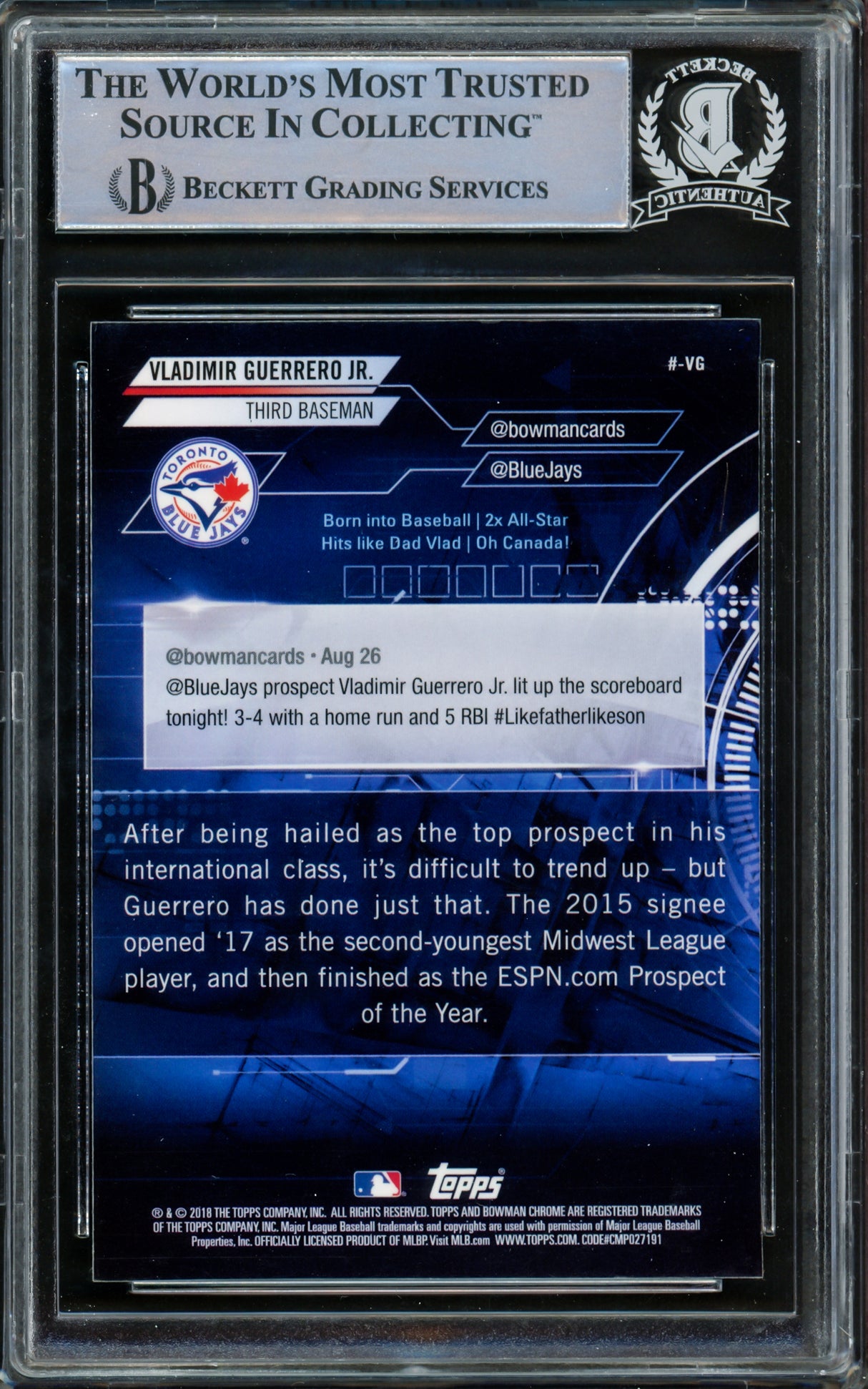 Vladimir Guerrero Jr. Autographed 2018 Bowman Chrome Trending Card #-VG Toronto Blue Jays Beckett BAS #15780680