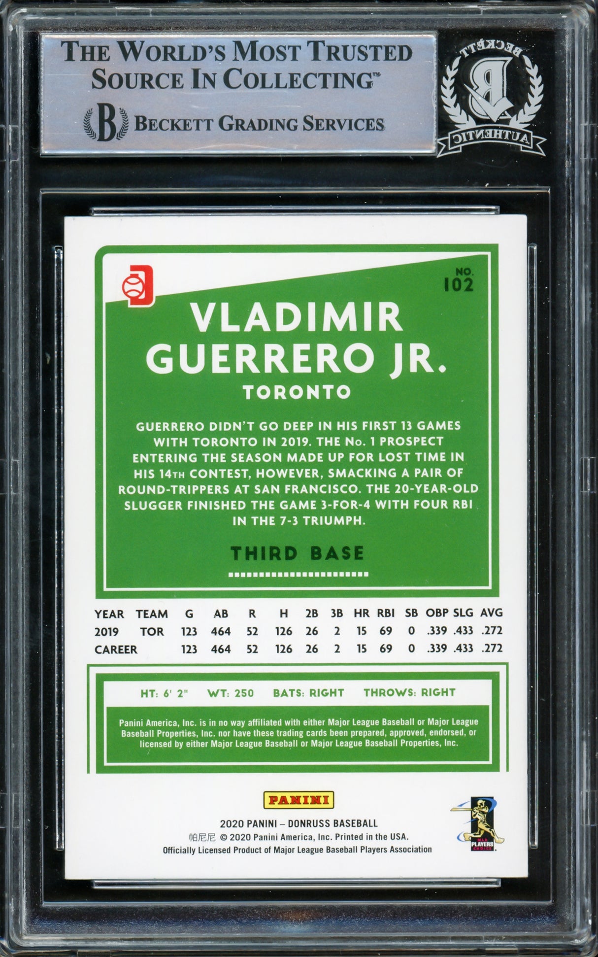 Vladimir Guerrero Jr. Autographed 2020 Donruss Variations Card #102 Toronto Blue Jays Fielding Beckett BAS #15780703