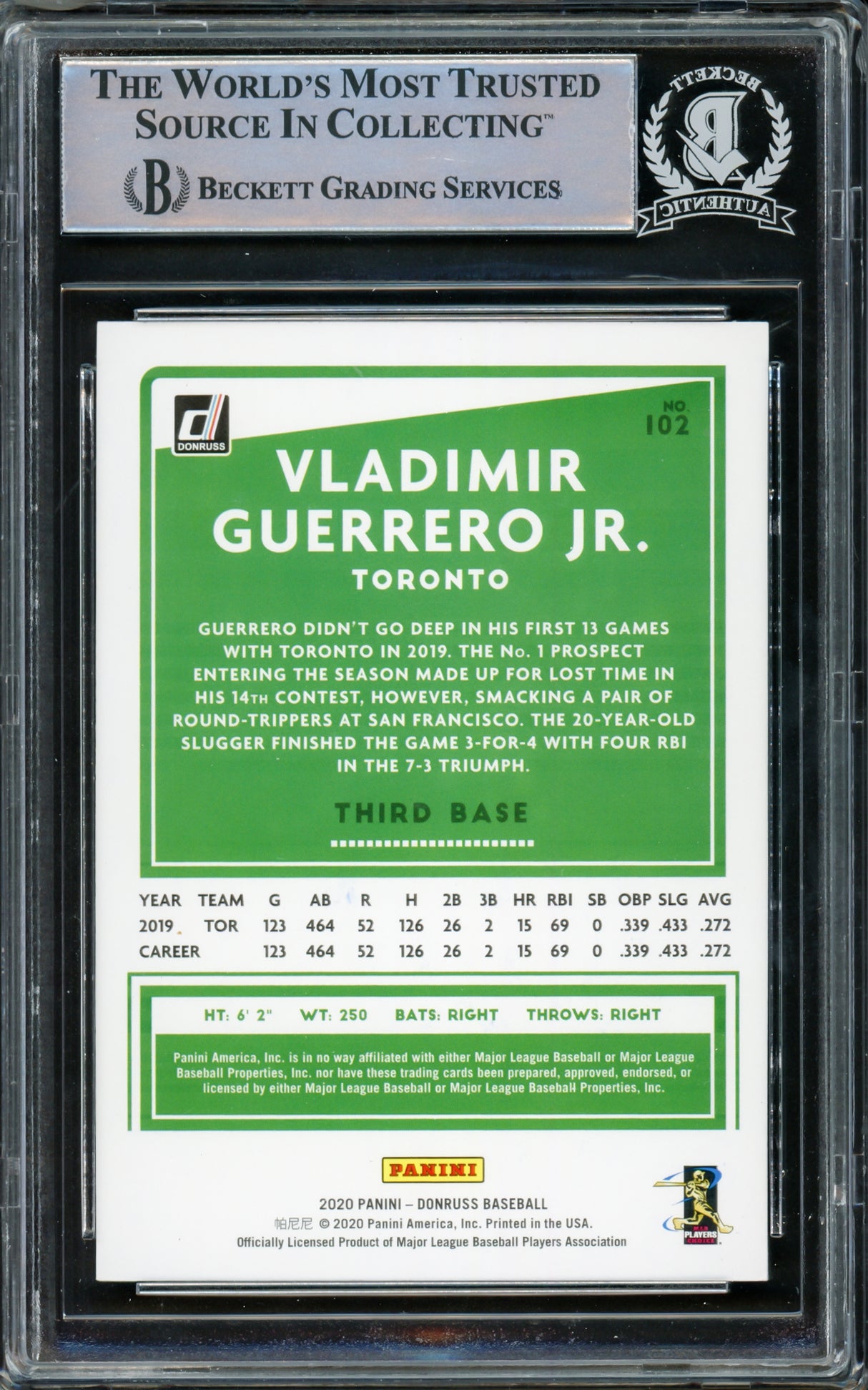 Vladimir Guerrero Jr. Autographed 2020 Donruss Card #102 Toronto Blue Jays Batting Beckett BAS #15780702