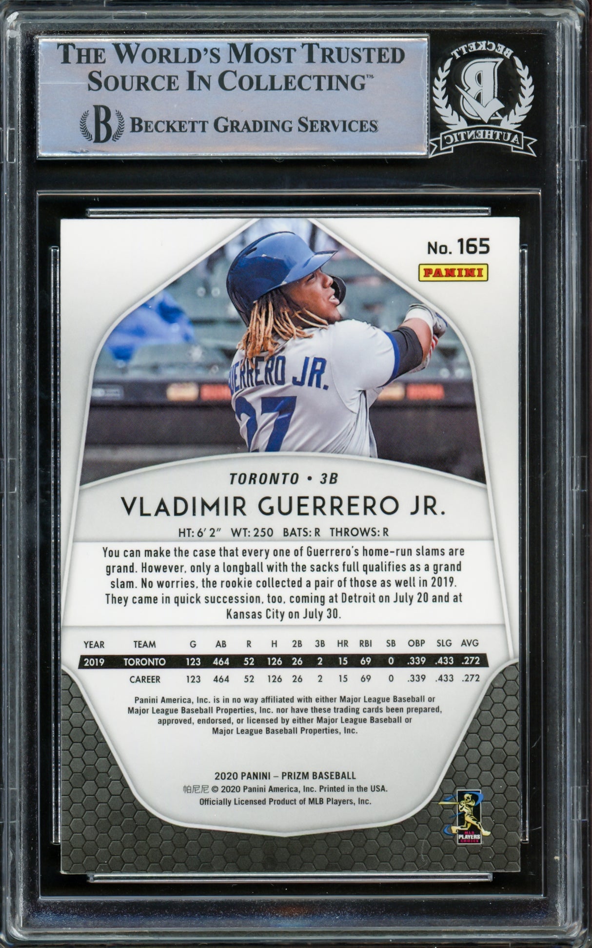 Vladimir Guerrero Jr. Autographed 2020 Panini Prizm Card #165 Toronto Blue Jays Beckett BAS #15780705