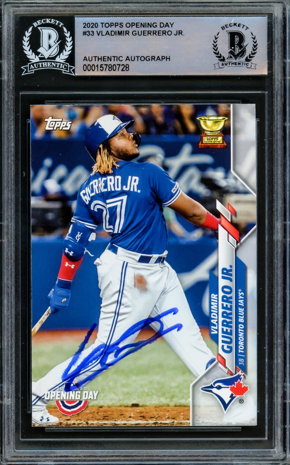 Vladimir Guerrero Jr. Autographed 2020 Topps Opening Day Card #33 Toronto Blue Jays (Smudged) Beckett BAS #15780728