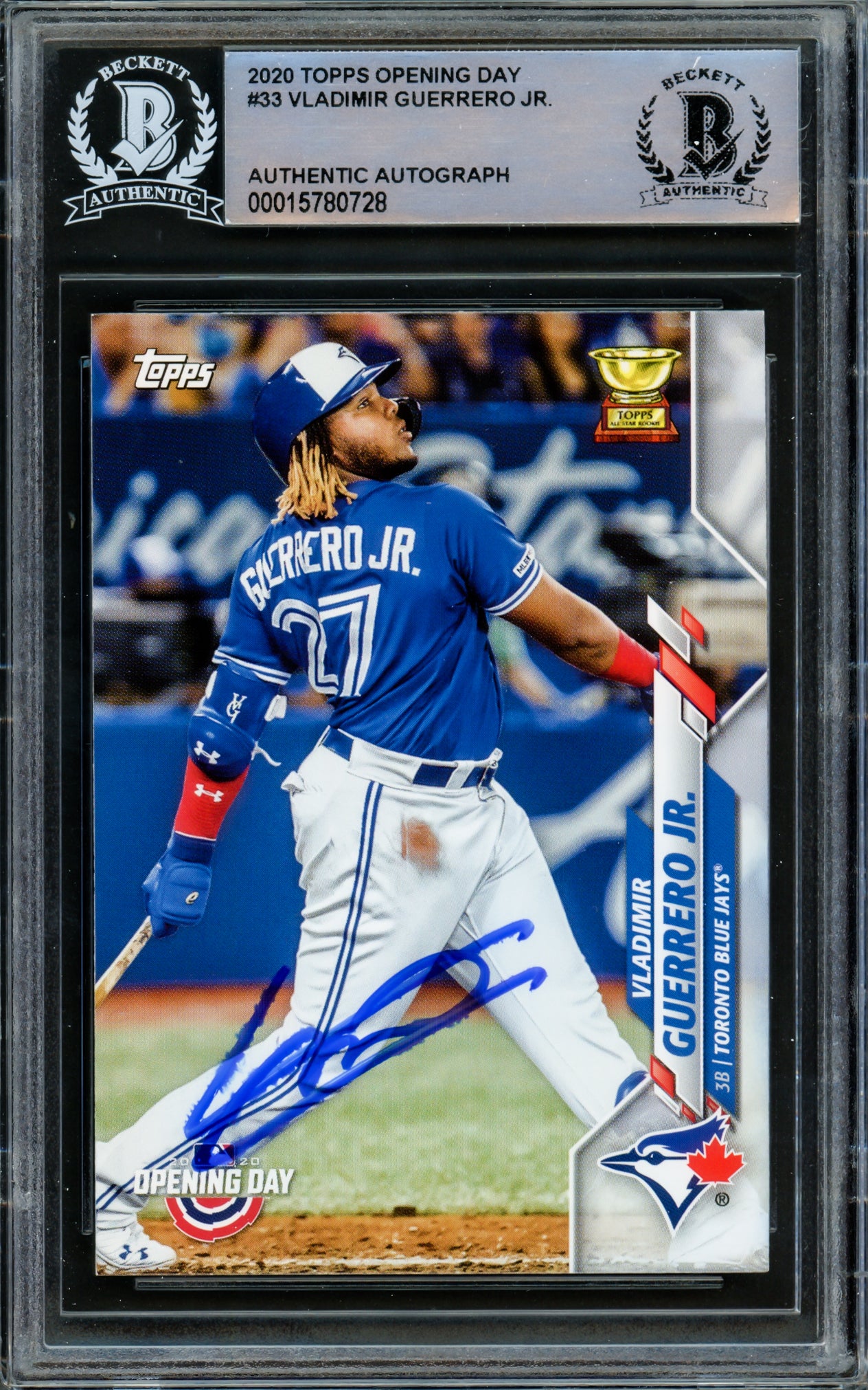 Vladimir Guerrero Jr. Autographed 2020 Topps Opening Day Card #33 Toronto Blue Jays (Smudged) Beckett BAS #15780728