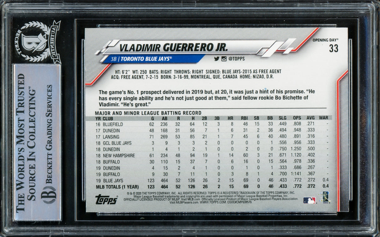 Vladimir Guerrero Jr. Autographed 2020 Topps Opening Day Card #33 Toronto Blue Jays (Smudged) Beckett BAS #15780728