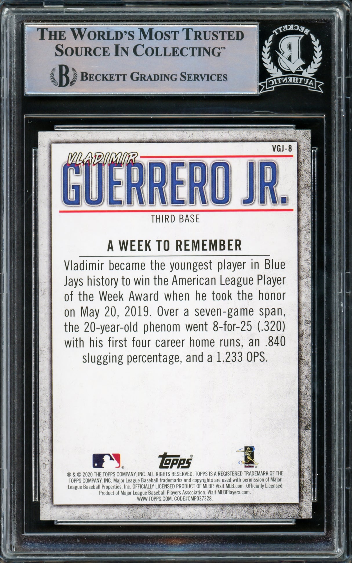 Vladimir Guerrero Jr. Autographed 2020 Topps Highlights Card #VGJ-8 Toronto Blue Jays Beckett BAS #15780730
