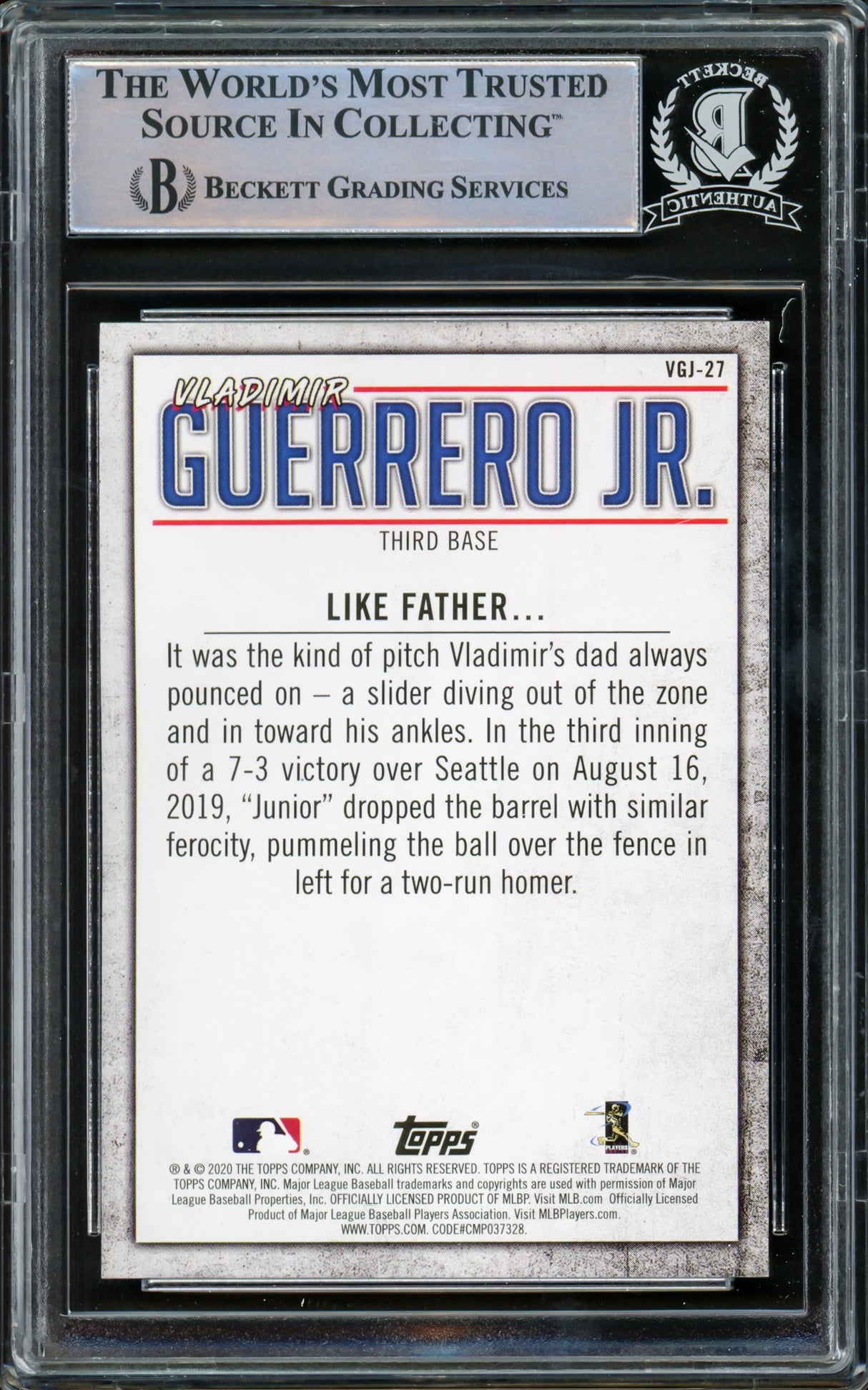 Vladimir Guerrero Jr. Autographed 2020 Topps Highlights Card #VGJ-27 Toronto Blue Jays Beckett BAS #15780738