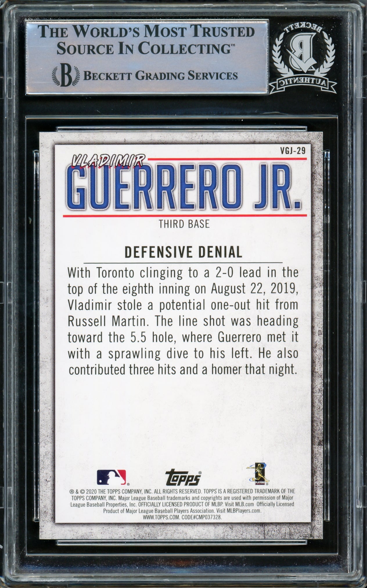 Vladimir Guerrero Jr. Autographed 2020 Topps Highlights Card #VGJ-29 Toronto Blue Jays Beckett BAS #15780739
