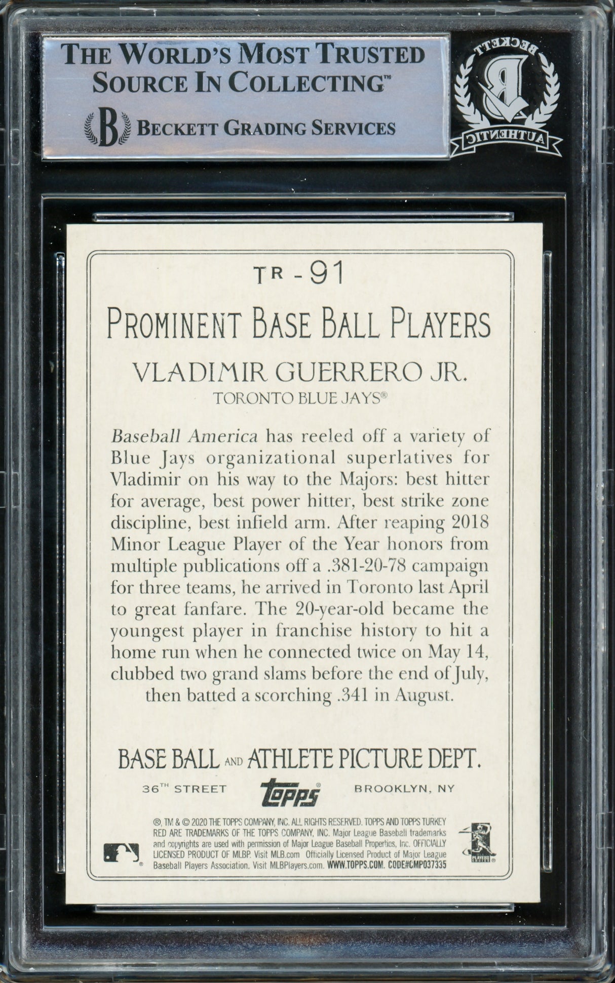 Vladimir Guerrero Jr. Autographed 2020 Topps Turkey Red Card #TR-91 Toronto Blue Jays Beckett BAS #15780747