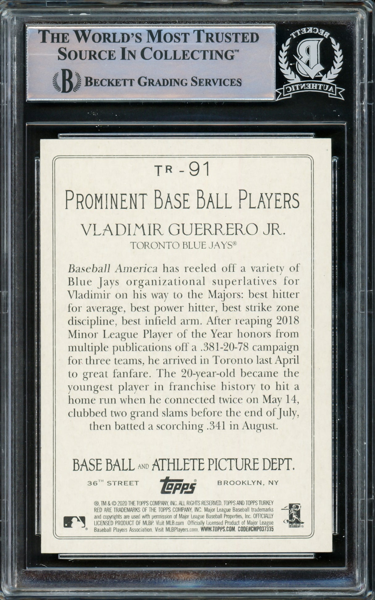 Vladimir Guerrero Jr. Autographed 2020 Topps Turkey Red Card #TR-91 Toronto Blue Jays Beckett BAS #15780749