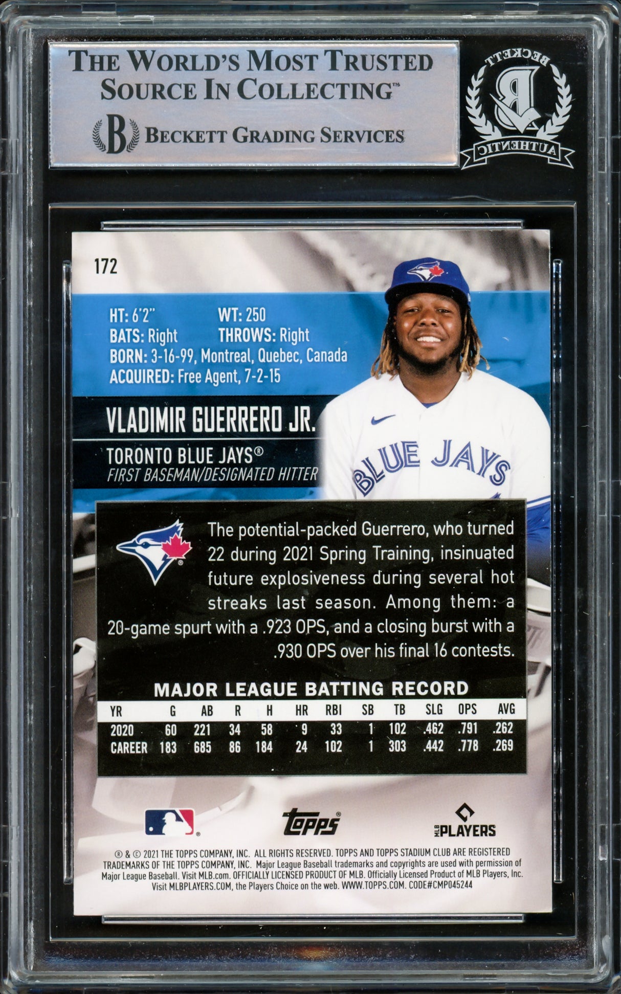 Vladimir Guerrero Jr. Autographed 2021 Stadium Club Card #172 Toronto Blue Jays Beckett BAS #15780751