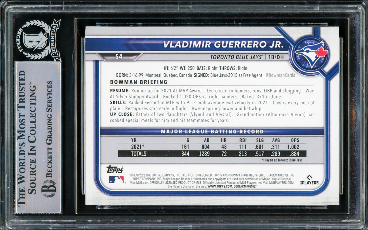Vladimir Guerrero Jr. Autographed 2022 Bowman Card #54 Toronto Blue Jays Beckett BAS #15780758