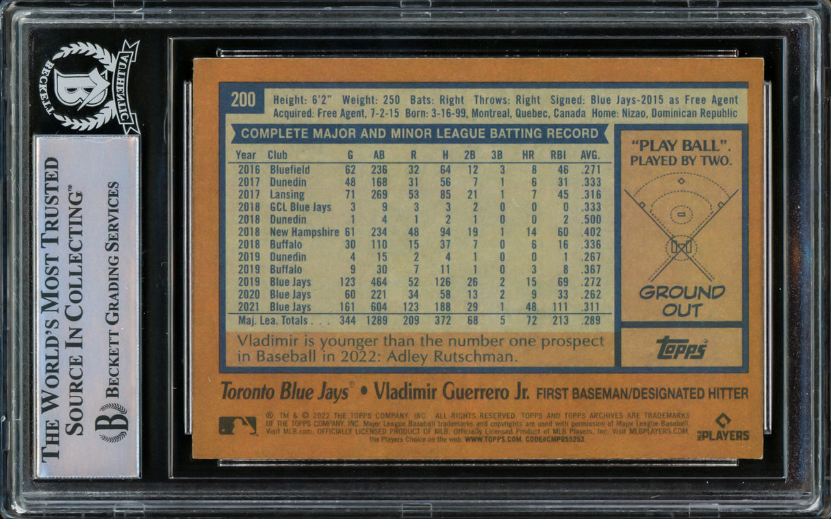 Vladimir Guerrero Jr. Autographed 2022 Topps Archives Card #200 Toronto Blue Jays Beckett BAS #15780941