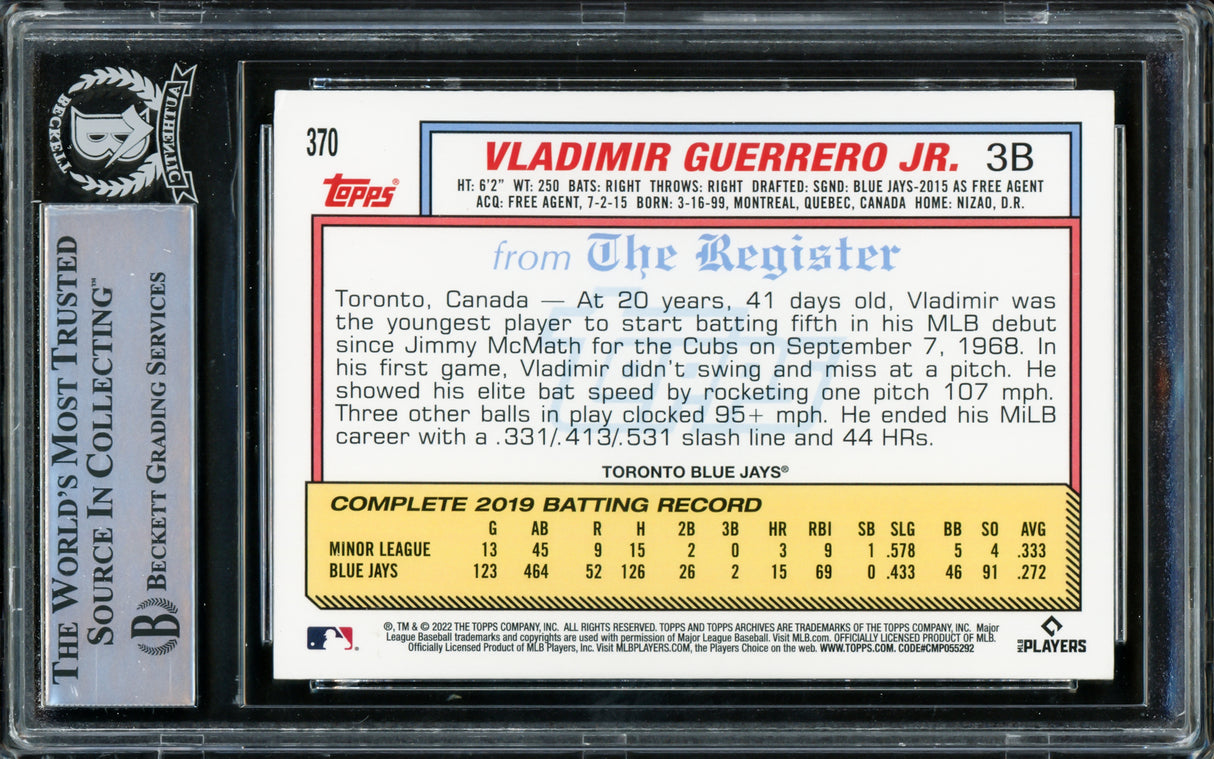 Vladimir Guerrero Jr. Autographed 2022 Topps Archives Card #370 Toronto Blue Jays Beckett BAS #15780943