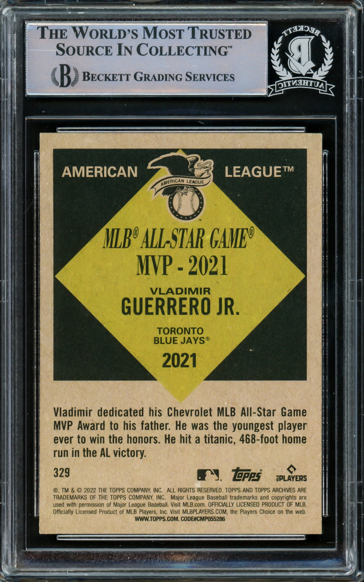 Vladimir Guerrero Jr. Autographed 2022 Topps Archives Card #329 Toronto Blue Jays Beckett BAS #15780945