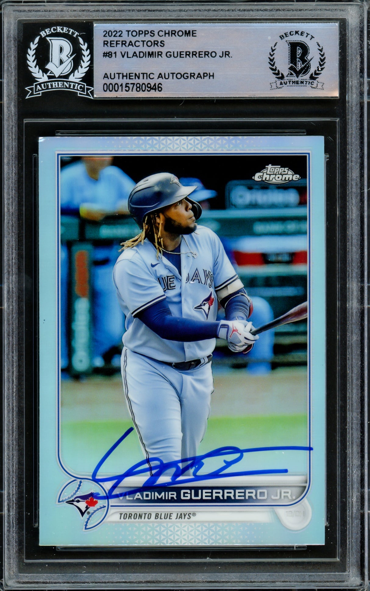 Vladimir Guerrero Jr. Autographed 2022 Topps Chrome Refractor Card #81 Toronto Blue Jays Beckett BAS #15780946