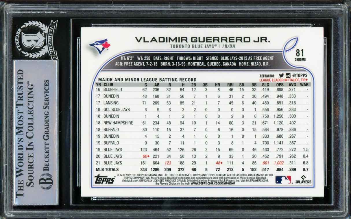 Vladimir Guerrero Jr. Autographed 2022 Topps Chrome Refractor Card #81 Toronto Blue Jays Beckett BAS #15780946