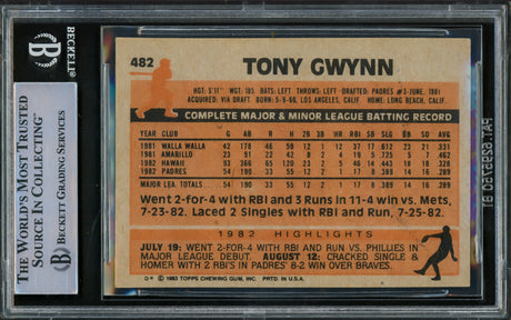 Tony Gwynn Autographed 1983 Topps Rookie Card #482 San Diego Padres (Light) Beckett BAS #15780950