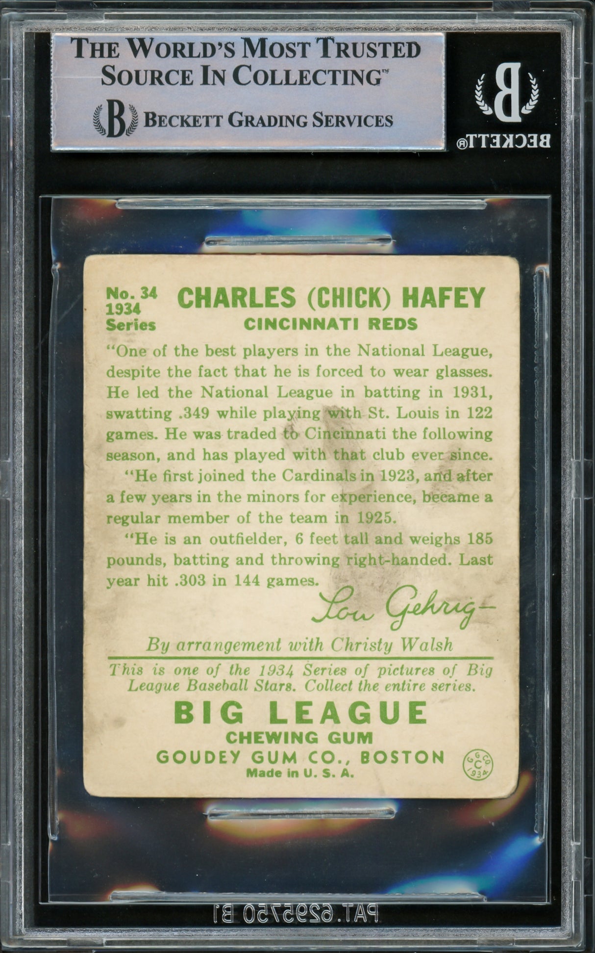 Chick Hafey Autographed 1934 Goudey Rookie Card #34 Cincinnati Reds Beckett BAS #15780952