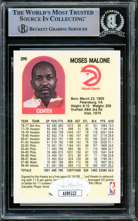 Moses Malone Autographed 1989-90 Hoops Card #290 Atlanta Hawks Beckett BAS #15781093